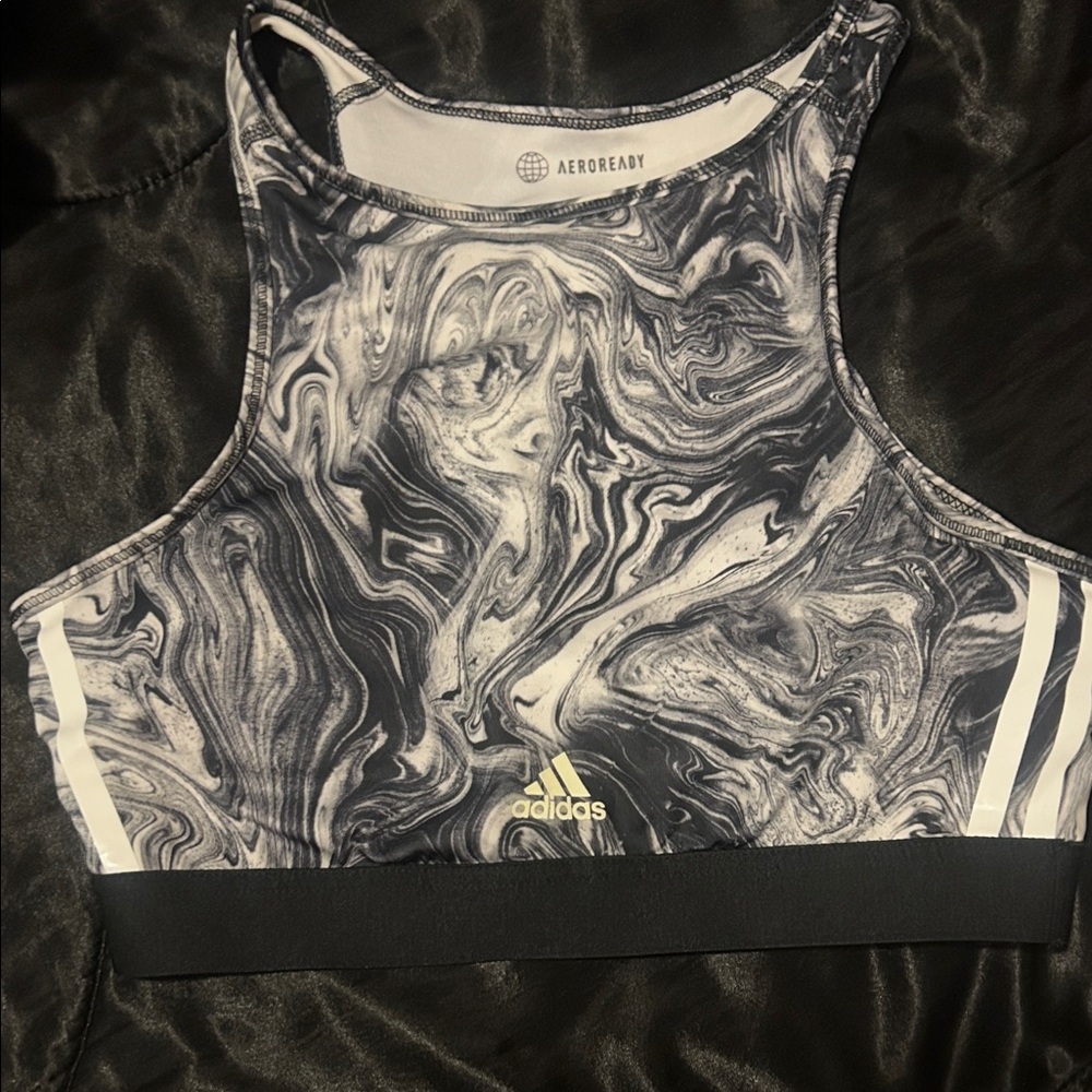 adidas Marble-Print High Neck Sports Bra - Black & White